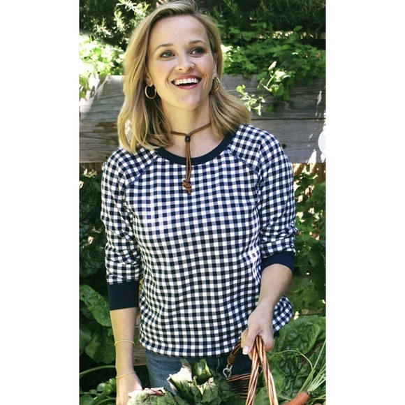 Draper James Large L Natalie Sweatshirt Navy White Gingham Plaid - Picture 5 of 5